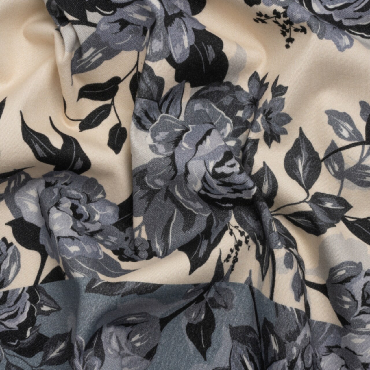 1 Panel Brushed Stretch Cotton Twill Fabric Blue and Cream Roses